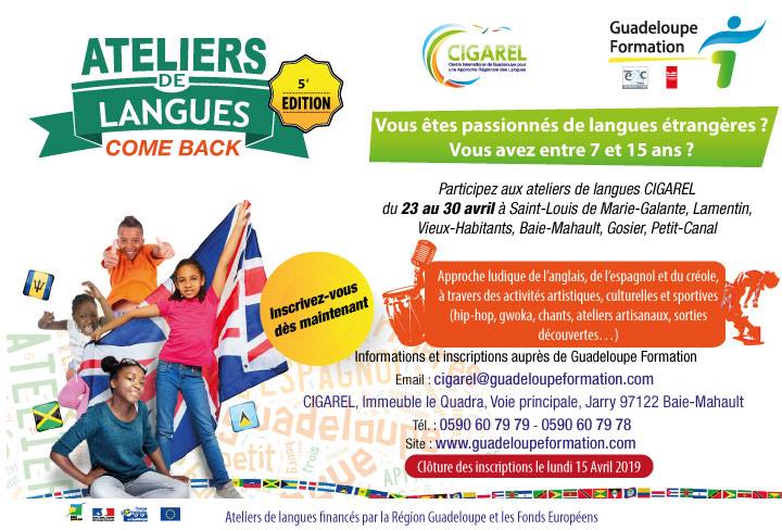 ATELIERS DE LANGUES GRATUITS 7 -15 ans-23 au 30 avril 2019 à Saint-Louis de Marie-Galante, Lamentin, Vieux-Habitants, Baie-Mahault, Gosier, Petit-Canal.