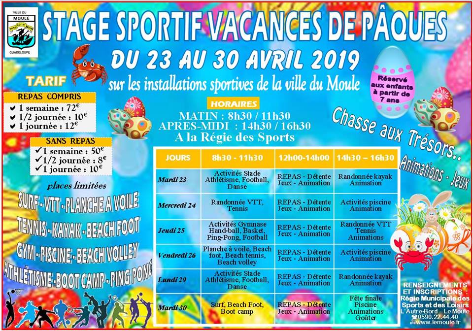 Les vacances de Pâques 2019 – Le Moule du 23 au 30 Avril – Stage sportif