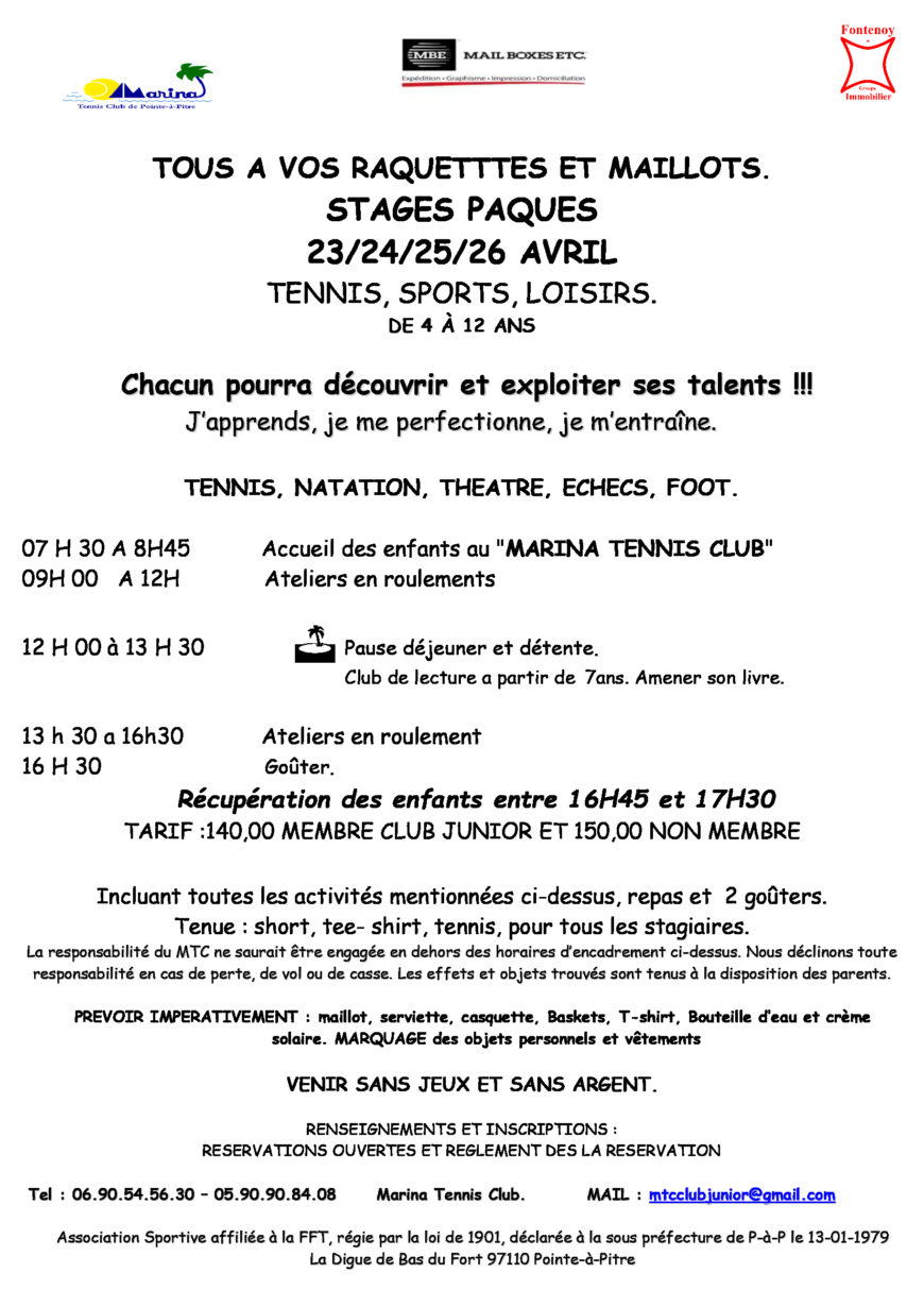 Stage de Pâques Marina Tennis Club : Tous à vos raquettes et maillots – 4 -12 ans