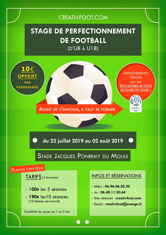 Stage de perfectionnement foot – d’U8 à U18 – 10 h – du 22 juin au 2 Aout au Moule