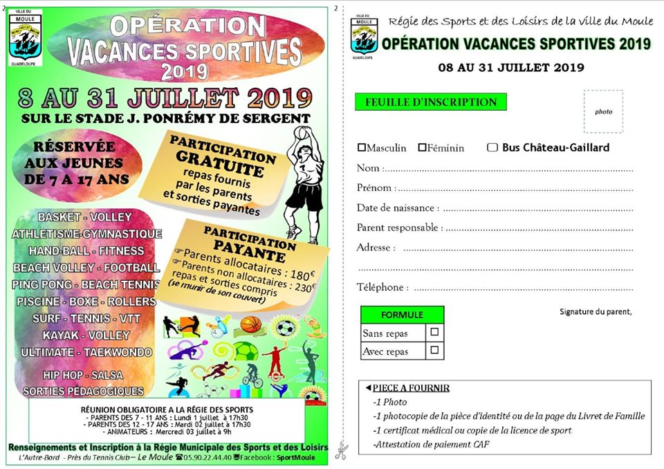 Vacances sportives au Moule du 8 au 31 juillet de 7 à 17 ans