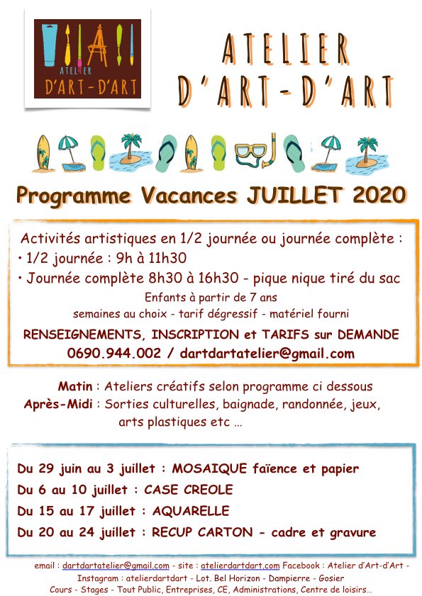 Atelier d’Art d’Art vacances Juillet 2020 à partir de 7 ans