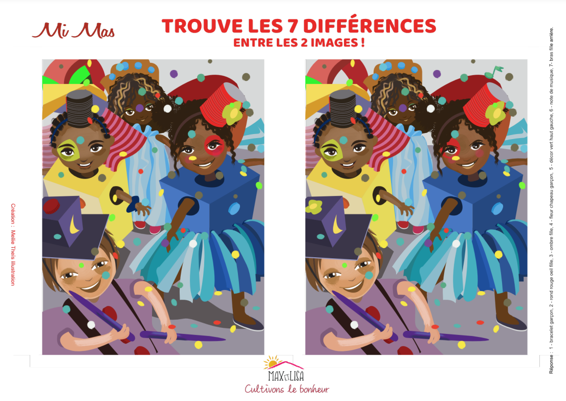 « MI MAS » TROUVE LES 7 DIFFERENCES-Le jeu à imprimer du carnaval 2023 de maxetlisa
